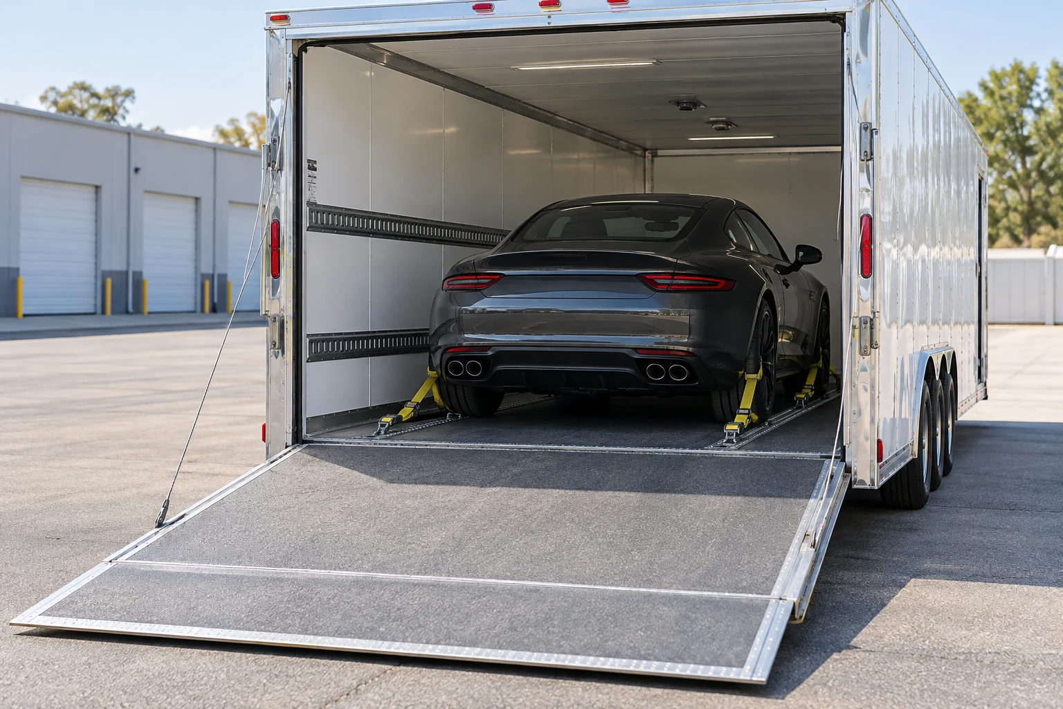 Dark coupe secured inside an enclosed transport trailer with its ramp lowered