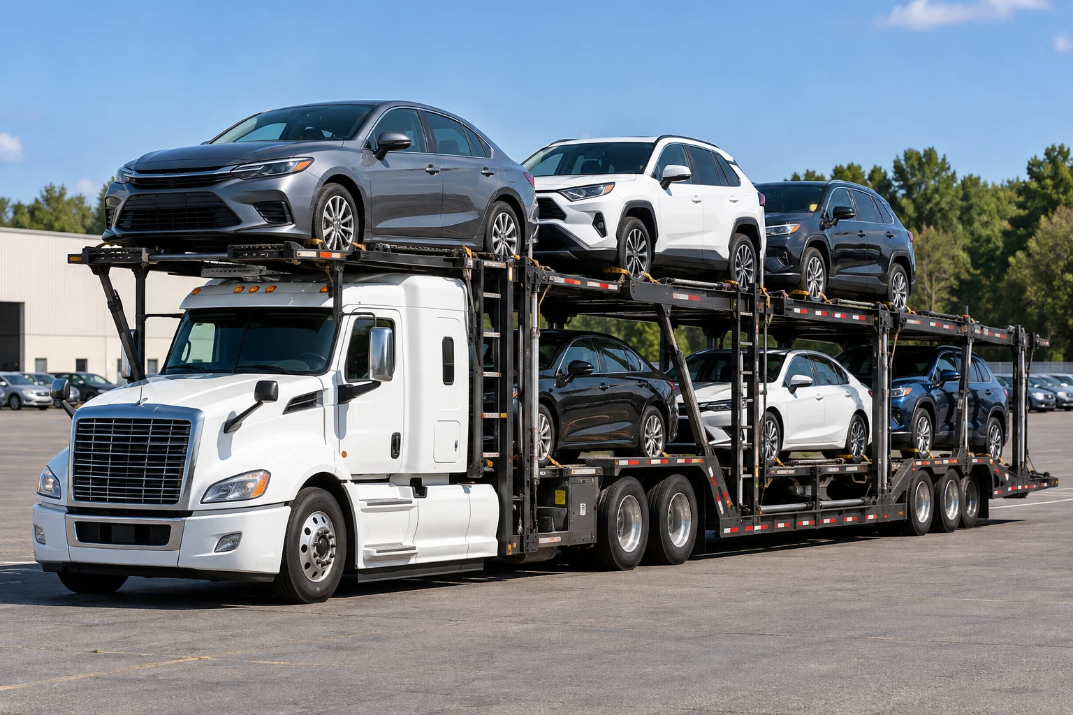 Open two-level carrier loaded with sedans and SUVs