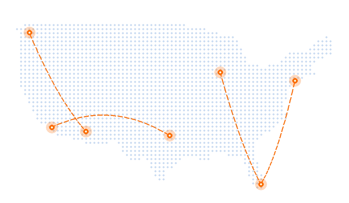 Dot map of the United States with featured auto transport routes