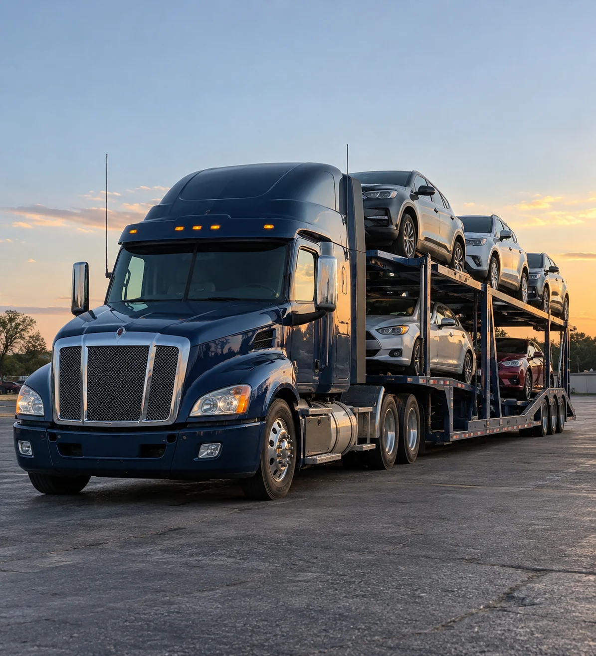 Auto transport truck carrying passenger vehicles in warm evening light
